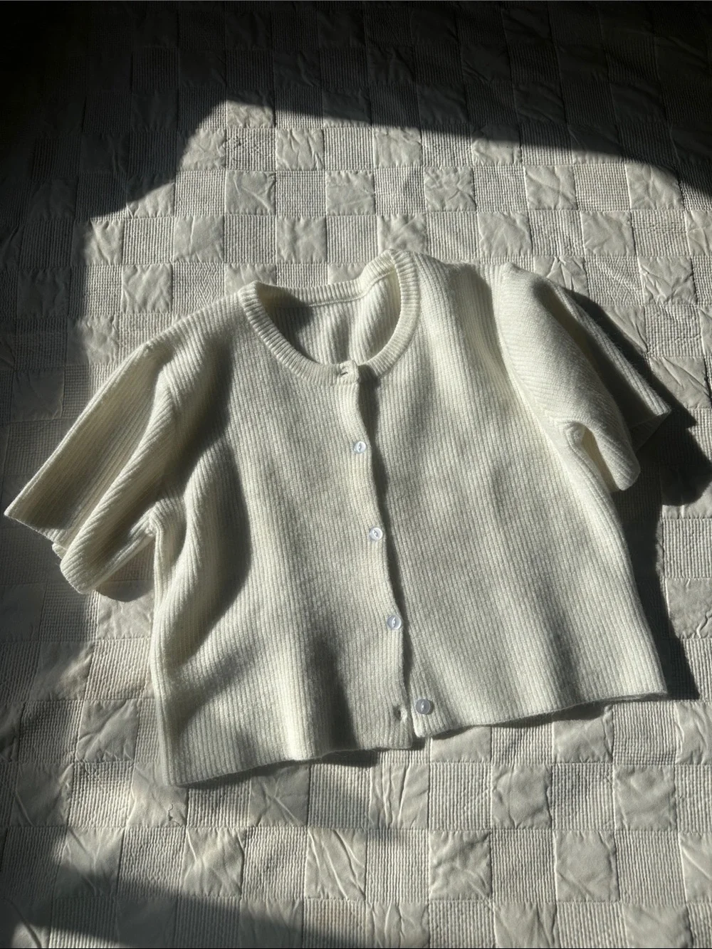 Short-Sleeve Cream Ribbed Button Cardigan - Picture 3 of 4
